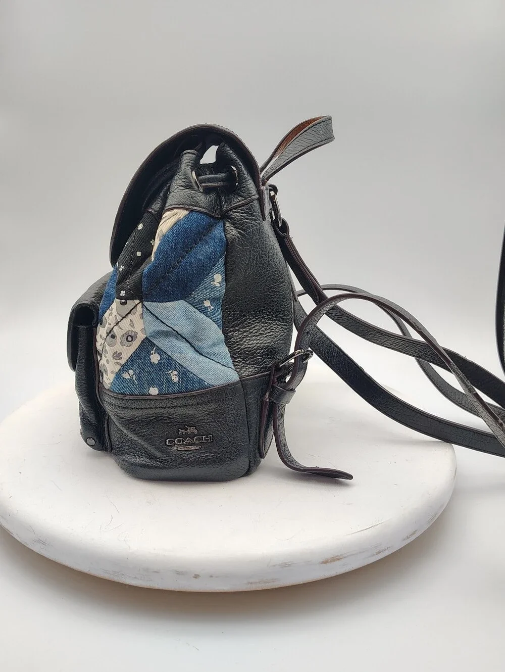 Rare Coach Black Leather & Blue Patchwork Mini Backpack